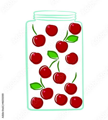 cherry jam in a glass jar on a white background doodle