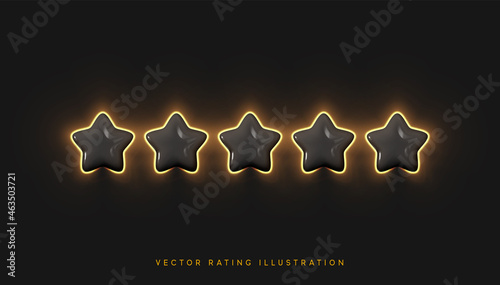 Five stars, glossy black and yellow colors. Customer rating feedback concept from the client about employee of website. Realistic 3d design of the object. For mobile applications. Vector illustration