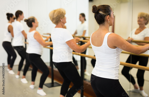 Dancing women engaged in a group lesson do demi plie near the ballet barre  standing in the 2nd position of the ballet stance