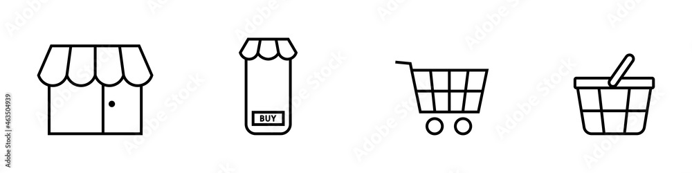 Conjunto de icono de compras. Icono de supermercado, compra online, carrito de compras, compra a domicilio. Concepto de comercio, negocio y mercado. Ilustración vectorial
