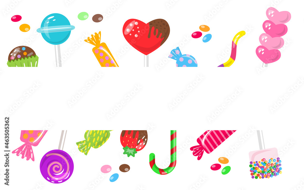 Candy frame template sweets, marshmallow, hard candy on stick, macaroon, jelly worm, chocolate heart, strawberry. Decor for candys shop banner. Bonbon for cafe and restaurant menu. Vector illustration Candy frame template sweets, marshmallow, hard candy on stick, macaroon, jelly worm, chocolate heart, strawberry. Decor for candys shop banner. Bonbon for cafe and restaurant menu. Vector illustration