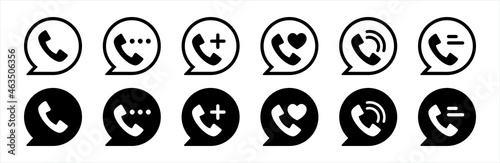 Phone icon set, Call center icons set. Incoming, outgoing, missed, waiting call phone icon. Answer and decline phone call buttons. Vector illustration.