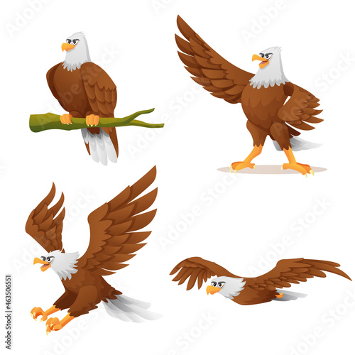 Set of eagle in various poses cartoon illustration