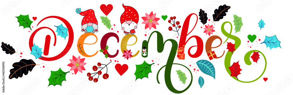Vetor de "December" holidays month text creative with gifts flowers and  leaves. Decoration text floral. Decoration letters, Illustration December.  Christmas do Stock | Adobe Stock