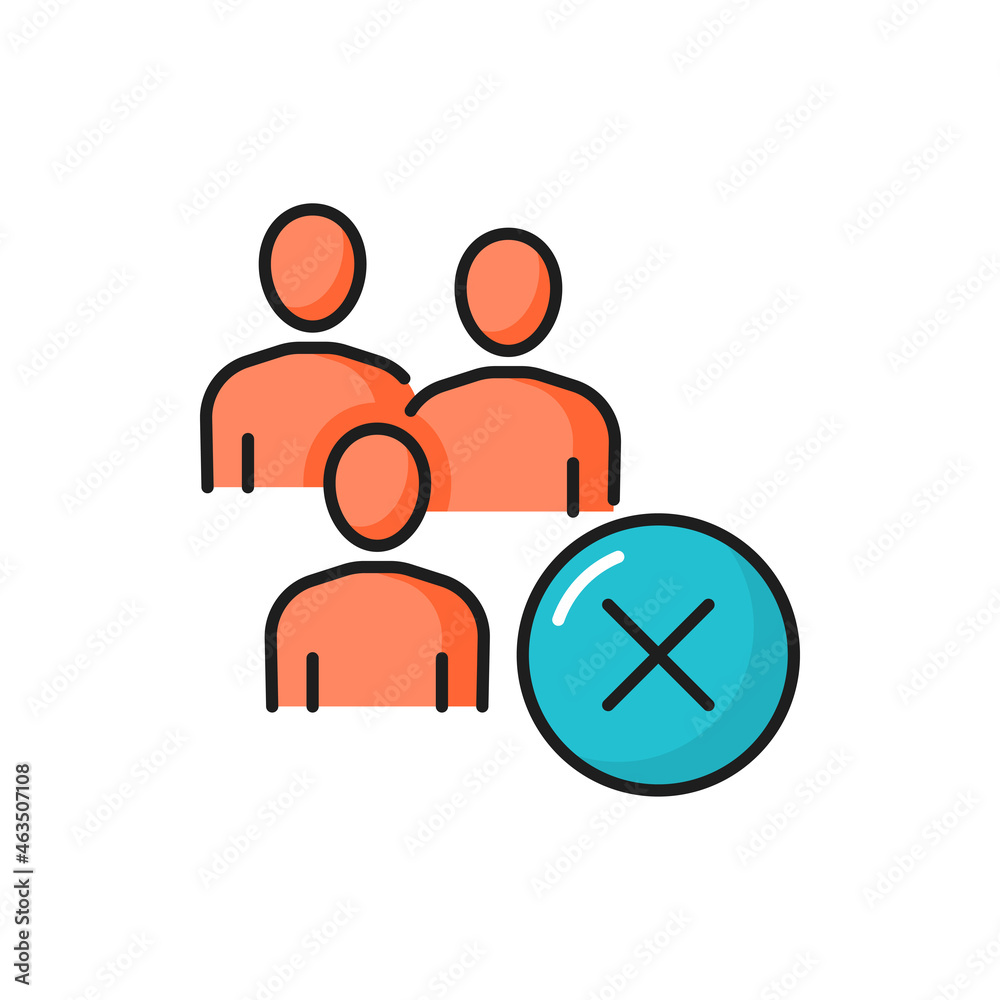 Rejection and decline mark, people and no sign isolated color line icon. Vector no hiring sign, rejection to hire. Business team, wrong answer, disagreement and negative opinion, cancellation mark Rejection and decline mark, people and no sign isolated color line icon. Vector no hiring sign, rejection to hire. Business team, wrong answer, disagreement and negative opinion, cancellation mark