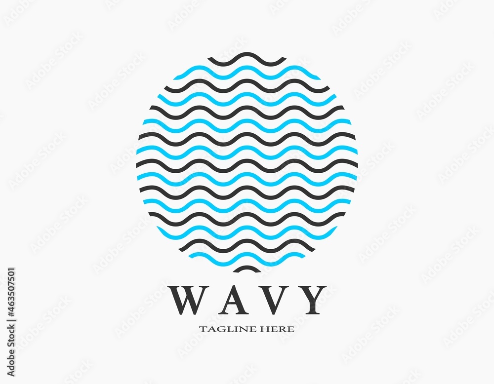 Wavy logo template. Circular colorful line art design with blue and black. Simple vector round icon of water, ocean, marble, or ball.