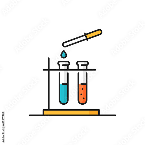 Lab glassware droplet and flask, gene engineering isolated line icon. Vector beakers stand, eyedropper with falling drop. Modified food, genetics, chemistry and physics scientific research, pharmacy