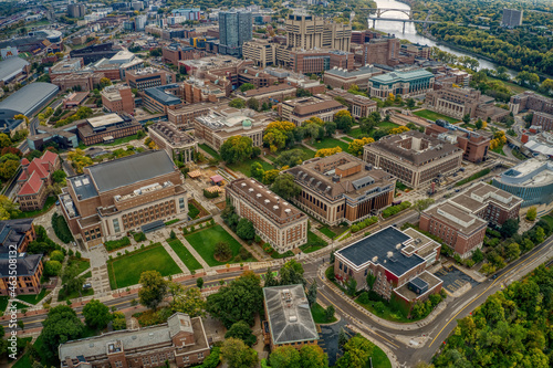 Aerial View of a large public University in Minneapolis  Minnesota during Autumn