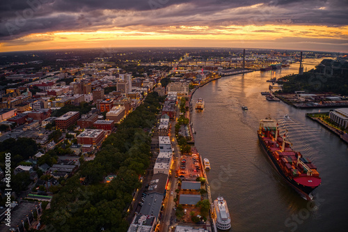 Aerial View of Downtown Savannah, Georgia during Sunset photo