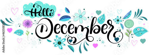 "December" holidays month text creative with gifts flowers and leaves. Decoration text floral. Decoration letters, Illustration December. Christmas	
