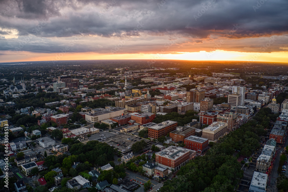 Fototapeta premium Aerial View of Downtown Savannah, Georgia during Sunset