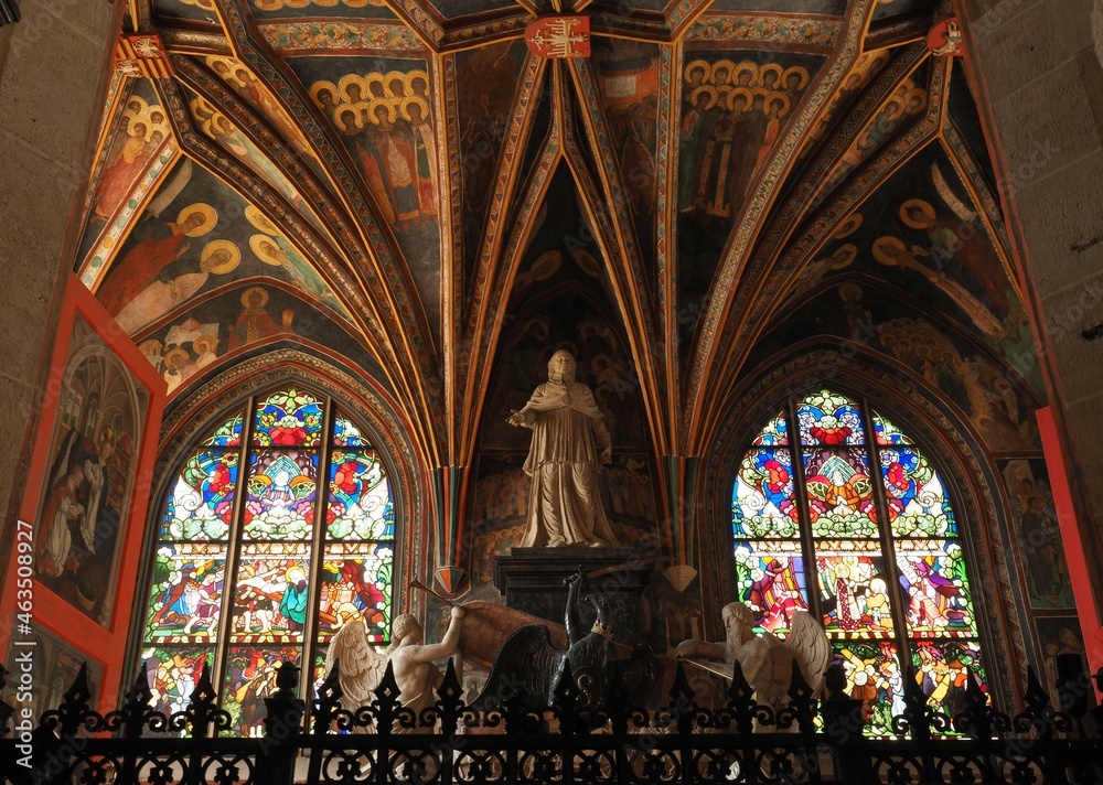 The stained glass windows and statues in Wawel Cathedral Krakow Poland