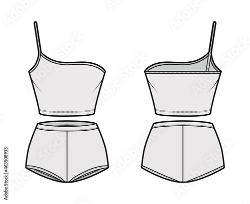 Set of lingerie - One shoulder cami bra and control briefs panties technical fashion illustration with high waist, crop length. Flat brassiere template front back grey color. Women men unisex mockup