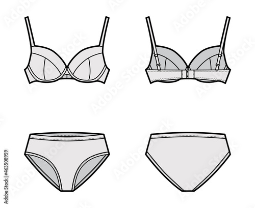 Set of lingerie - bra full cup and high-cup briefs panties technical fashion illustration with adjustable straps. Flat brassiere template front back, grey color. Women men unisex underwear CAD mockup