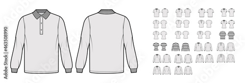 Set of Polo Shirts technical fashion illustration with long short sleeves, tunic crop length, henley neck, oversized fitted body. Apparel top outwear template front, back, grey color. Women CAD mockup