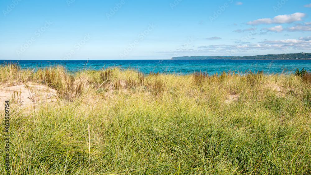 Dunes and grasses on the beach at Sleeping Bear Bay, Michigan.