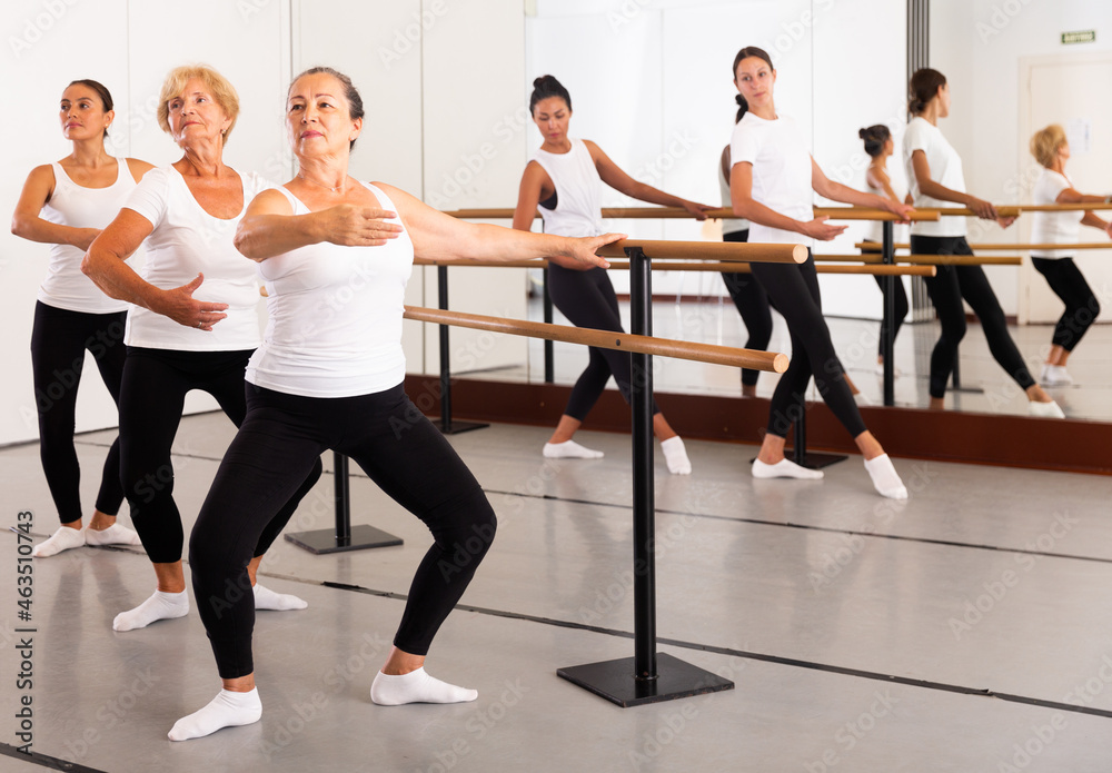 Obraz premium Ballet troupe of different ages in lesson in a dance class