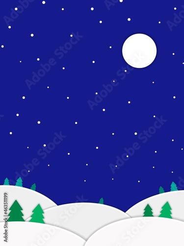 夜の雪景色のペーパークラフト風背景イラスト