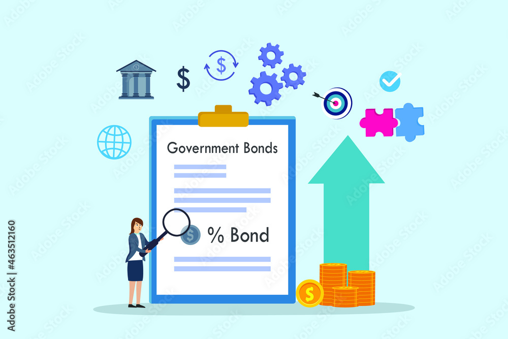 Government bonds vector concept. Businesswoman using a magnifier to looking at government bonds form while standing with growth finance graph Government bonds vector concept. Businesswoman using a magnifier to looking at government bonds form while standing with growth finance graph