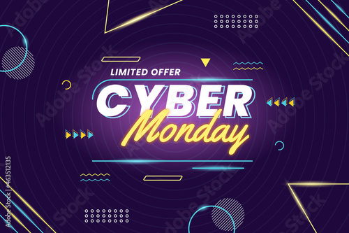 Cyber monday banner with geometric and neon design style