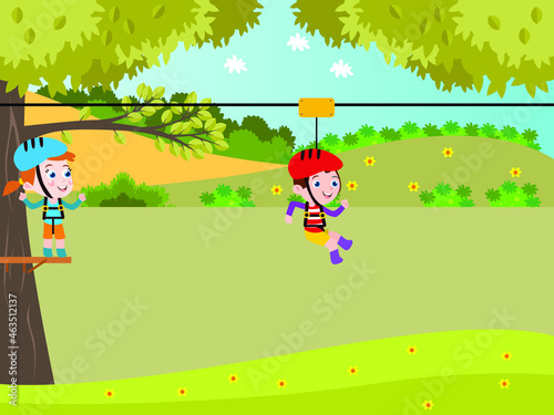 Outdoors game vector concept. Two cute kids sliding on zip line while playing together in the playground