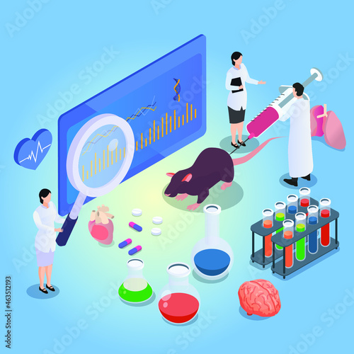 Animal experiment vector concept: Group of researcher using mouse for their experiment while using injection and magnifying glass