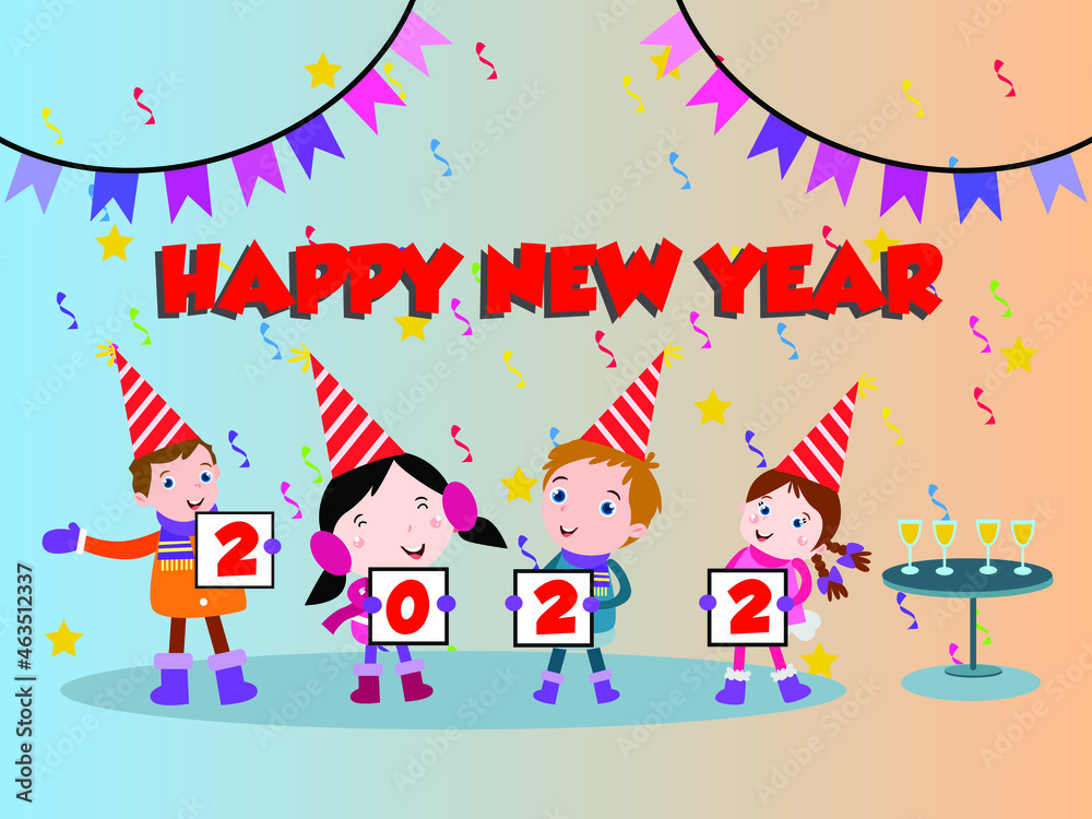 New year vector concept. Group of children holding 2022 numbers while standing under falling confetti with happy new year text New year vector concept. Group of children holding 2022 numbers while standing under falling confetti with happy new year text