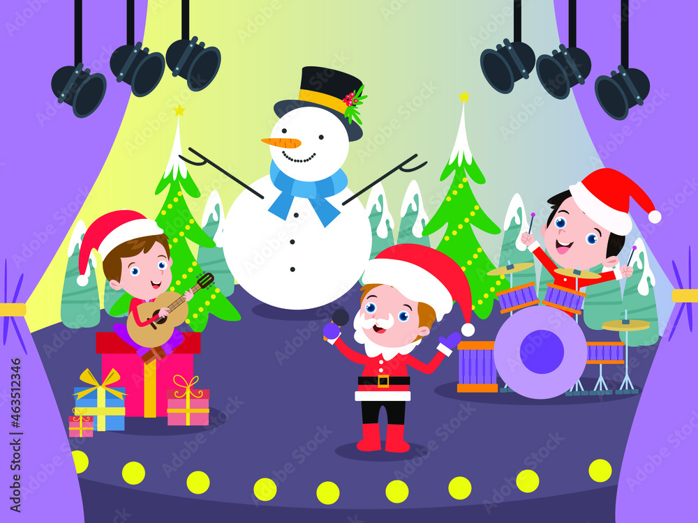 Fototapeta premium Christmas vector concept. Group of cute little boy wearing Santa costume while singing christmas carol together in the musical concert