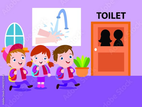 Group of cute elementary students waiting for washing hands while queuing to enter toilet in the school