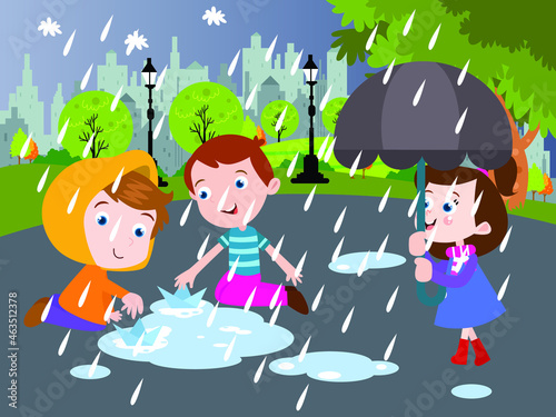 Childhood vector concept. Group of happy kids playing with paper boat on the puddle while enjoying leisure time in the rain