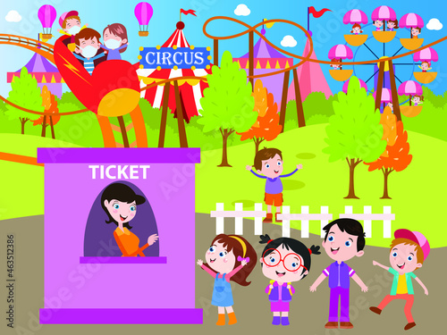 Group of cute kids queuing for buying entrance ticket amusement park while enjoying leisure time