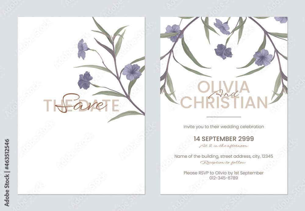 Minimalist floral wedding invitation card template, ruellia tuberosa flowers and leaves on white - obrazy, fototapety, plakaty 