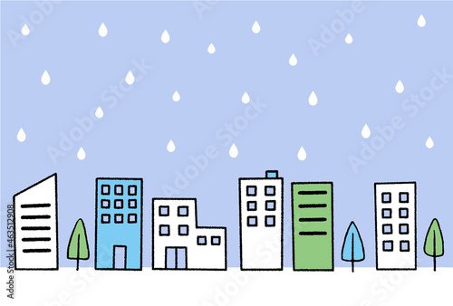 手描き風のまちなみ_雨のビル群