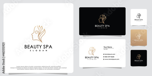 Woman of feminine beauty. Gold logo design, icon and business card template.
