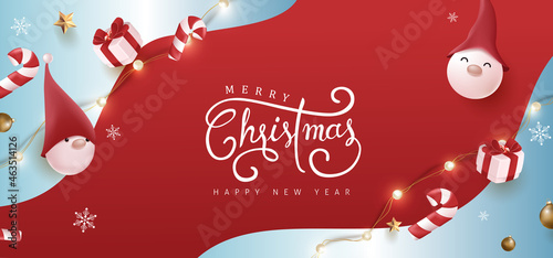 Merry Christmas and happy new year banner with cute gnome and festive decoration for christmas