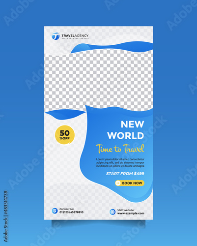 Creative travel sale social media story post and banner template. Vector design vertical banner travelling agency business offer promotion. Holiday and tour advertising banner design