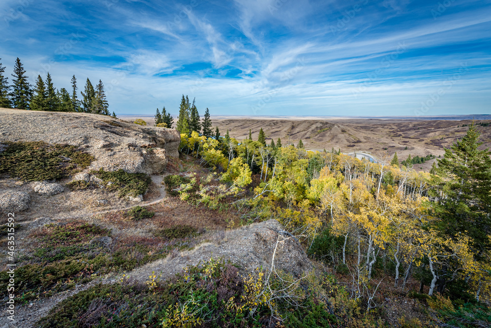 View of fall colors from the Conglomerate Cliffs lookout in Cypress Hills, SK
