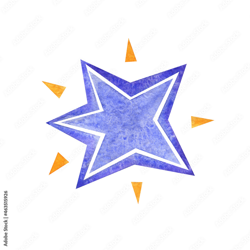 Watercolor blue star snowflake isolated element with yellow sparks Watercolor blue star snowflake isolated element with yellow sparks