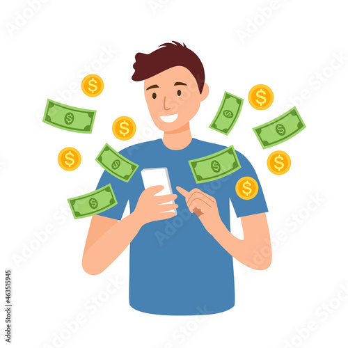 Man using smartphone with money around in flat design. Guy making money online via website or mobile app. He doing online business.