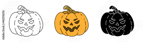 Icons of halloween pumpkin with toothy smile. Jack of Lantern. Outline, colorful and glyph vector illustration