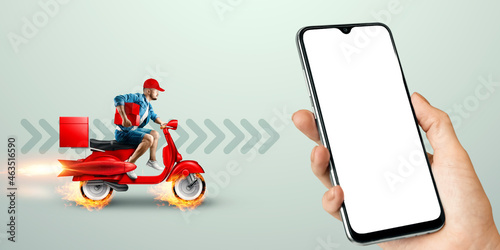 Smartphone in hand and fast delivery man on a red scooter. Delivery concept, online order, food delivery, last mile, banner, template.