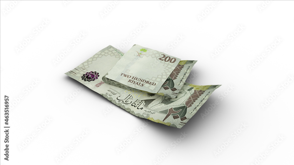 3D rendering of Double 200 Saudi Arabian Riyal notes with shadows on white background 3D rendering of Double 200 Saudi Arabian Riyal notes with shadows on white background