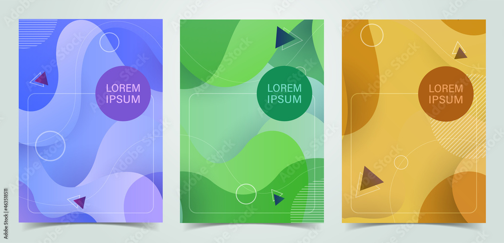 Cover design set using fluid shape and geometric shapes in composition. vector illustration
