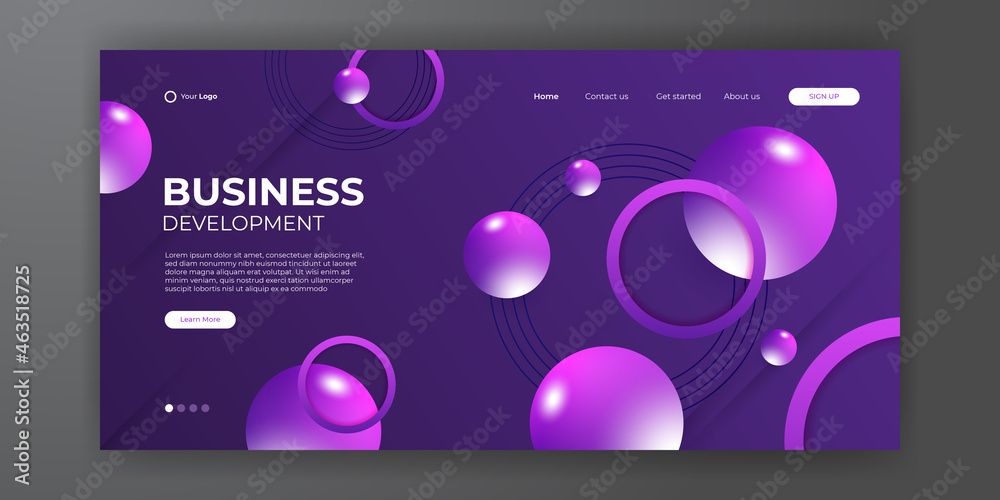 Modern purple business landing page template with abstract modern 3D background. Dynamic gradient composition. Design for landing pages, covers, flyers, presentations, banners. Vector illustration