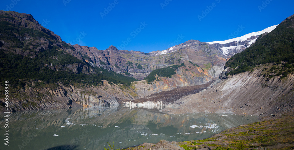 Naklejka premium View of Black Glacier (Ventisquero Negro) and meltwater lake on summer day. Argentina, Patagonia