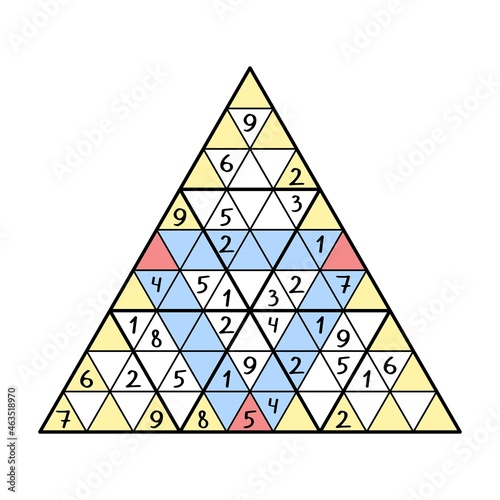 Colorful triangle sudoku game for children vector illustration. Complete number puzzle - place 1-9 numbers in each yellow and blue lines and big triangle just once vector