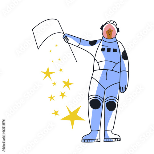 Astronaut woman in spacesuit and helmet with flag flat vector illustration. Girl cosmonaut character. Female tourist travel in cosmos. Astronaut cartoon people isolated on white background
