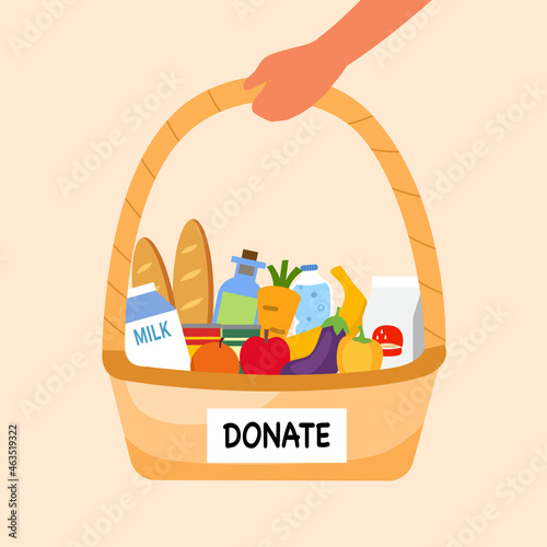 Hand holding basket with vegetables, bread, fruits, beverage and canned food in flat design. Food sharing to poverty in flat design. Food donation concept. Kindness and generosity to poor people.