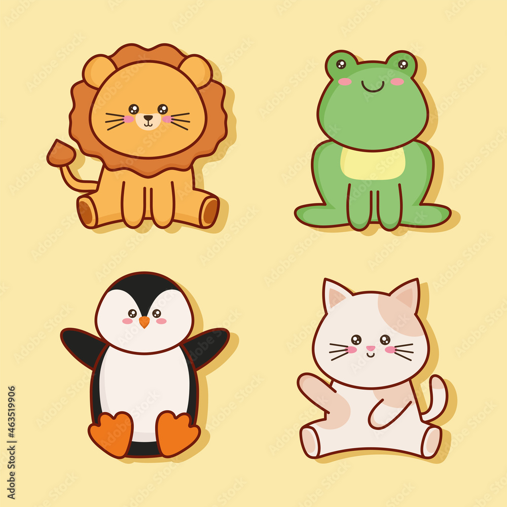four kawaii animals characters