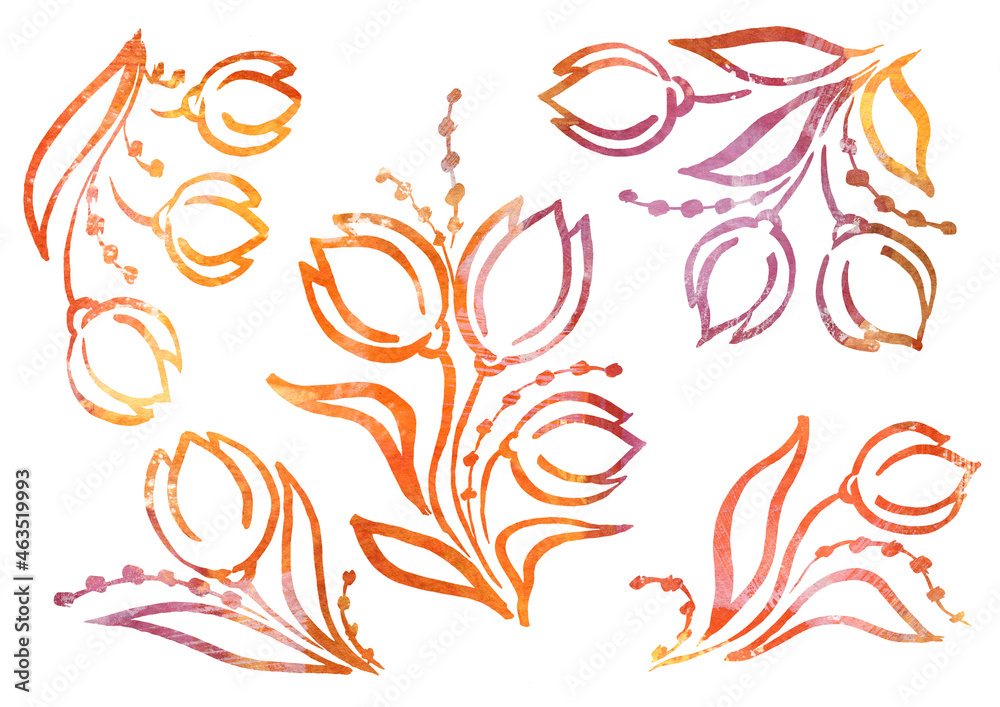 Watercolor artistic multicolor Set of floral Tulip elements in the style of line art wedding theme on a white background. Doodle and scribble. violet, purple, brown and orange Watercolour Tulips and